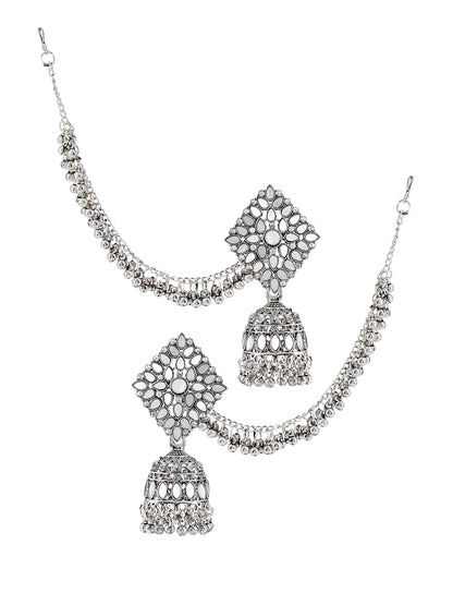 Mirror-Studded Jhumka Earrings With Chain