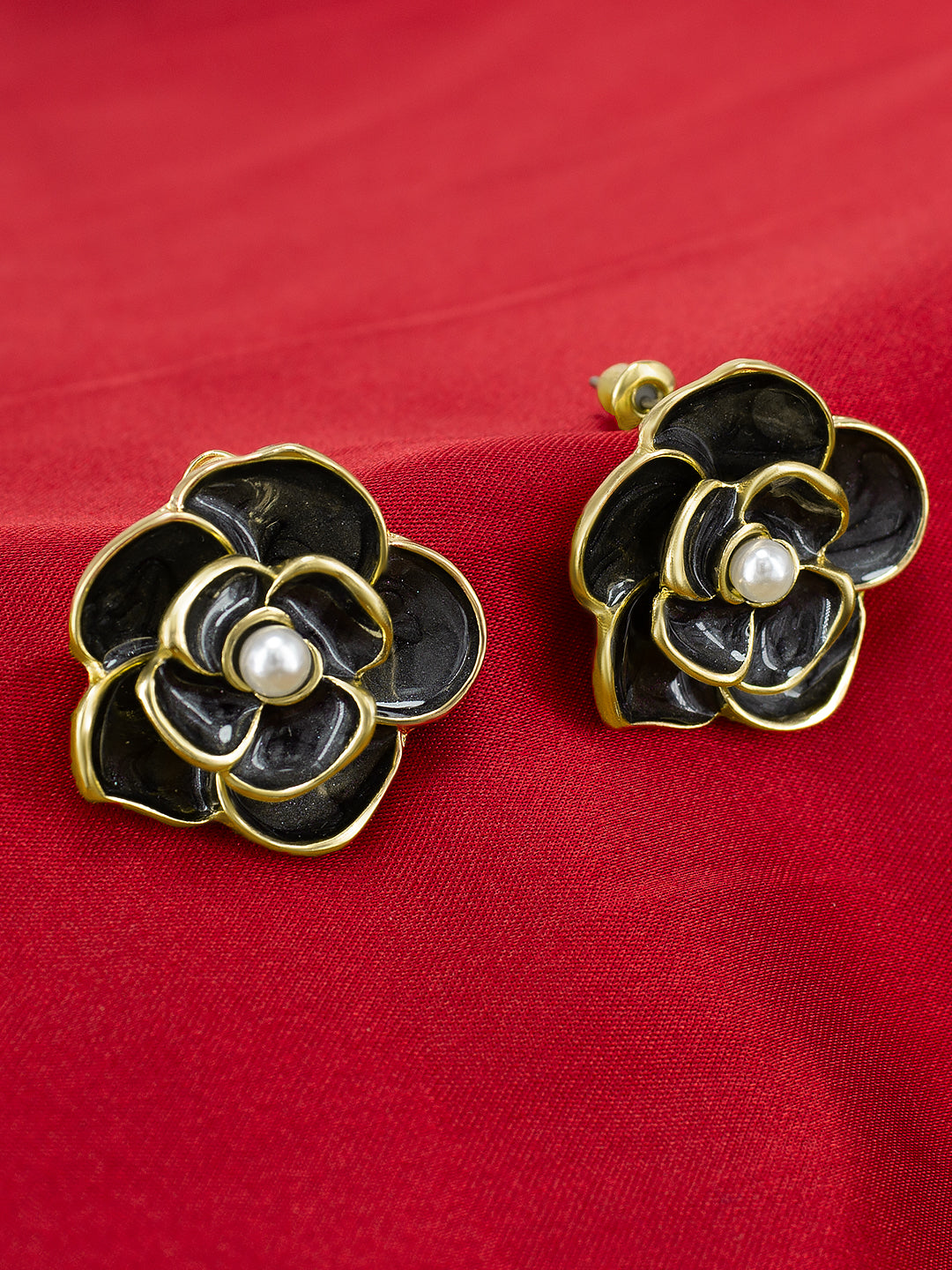 Gold-Plated Black Floral Studs Earrings