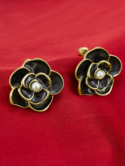 Gold-Plated Black Floral Studs Earrings