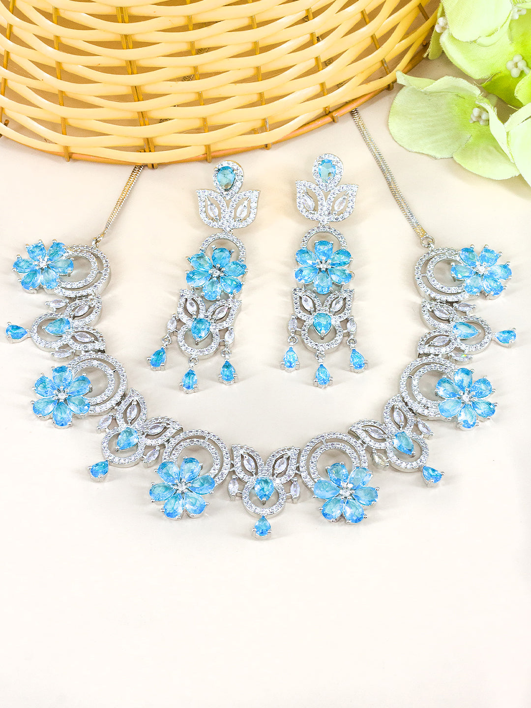 Blue AD Studded Floral Jewellery Set