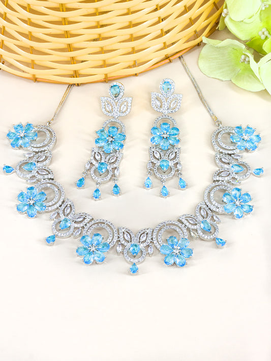 Blue AD Studded Floral Jewellery Set
