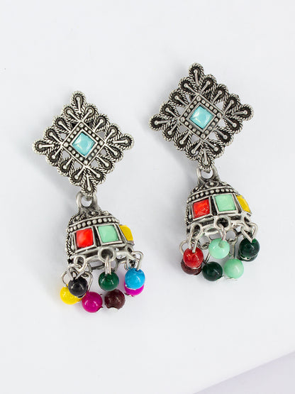 Oxidized Square Multicolor Beads Drop Jhumka Earrings