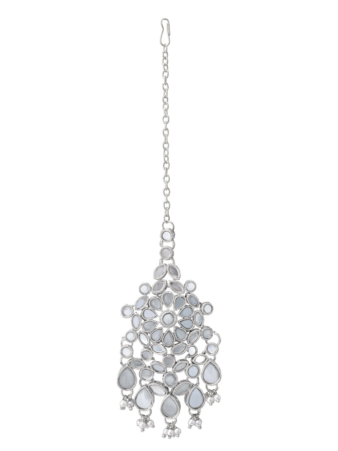 Silver-Plated Mirror-Studded & Beaded Jewellery Set With Maangtika