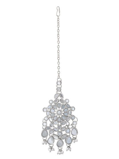 Silver-Plated Mirror-Studded & Beaded Jewellery Set With Maangtika