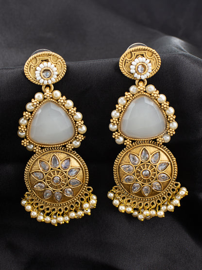 Gold Plated Floral White Kundan & Beaded Drop Earrings