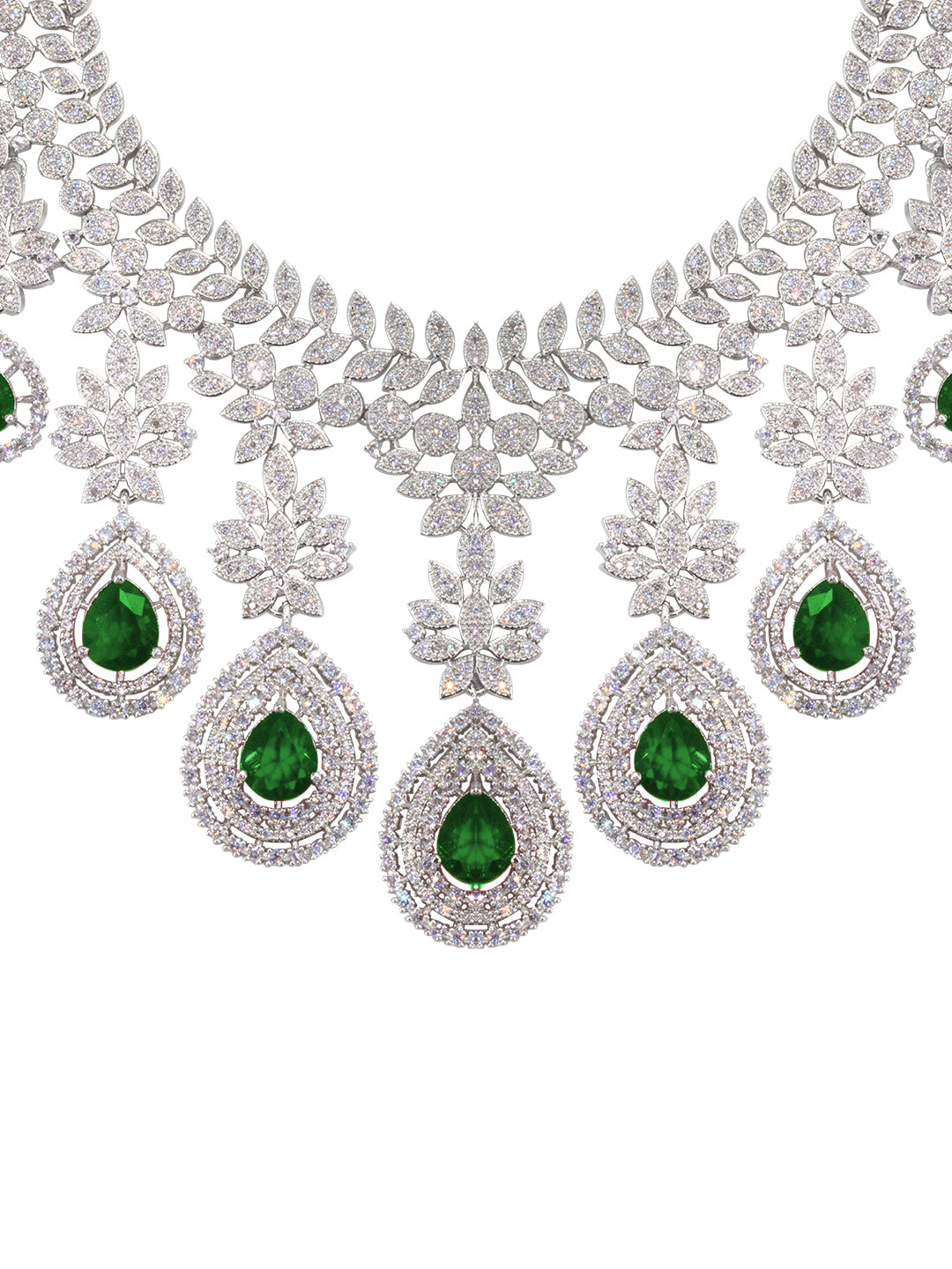 Rhodium Plated Green American Diamond Teardrop Jewellery Set