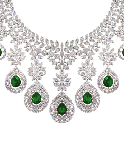 Rhodium Plated Green American Diamond Teardrop Jewellery Set