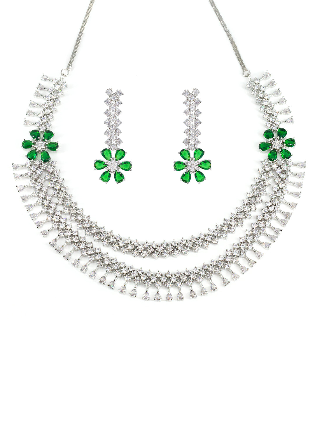 Green 2 Layer AD Studded Floral Jewellery Set