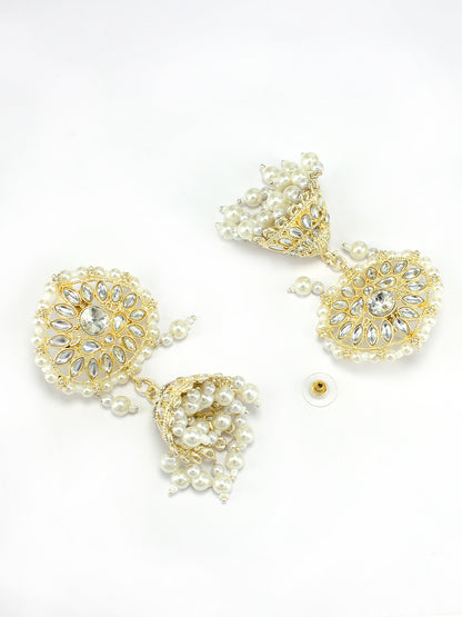 Gold- Plated Kundan Stone Studded Beaded Jhumka Earrings With Maangtika