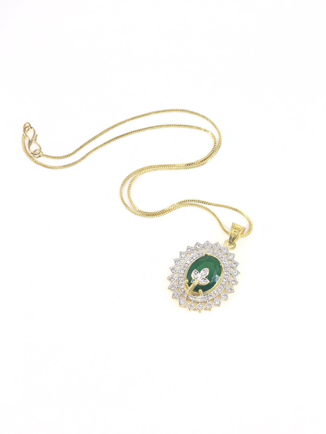 Gold-Plated Green Oval AD-Studded Pendant Set