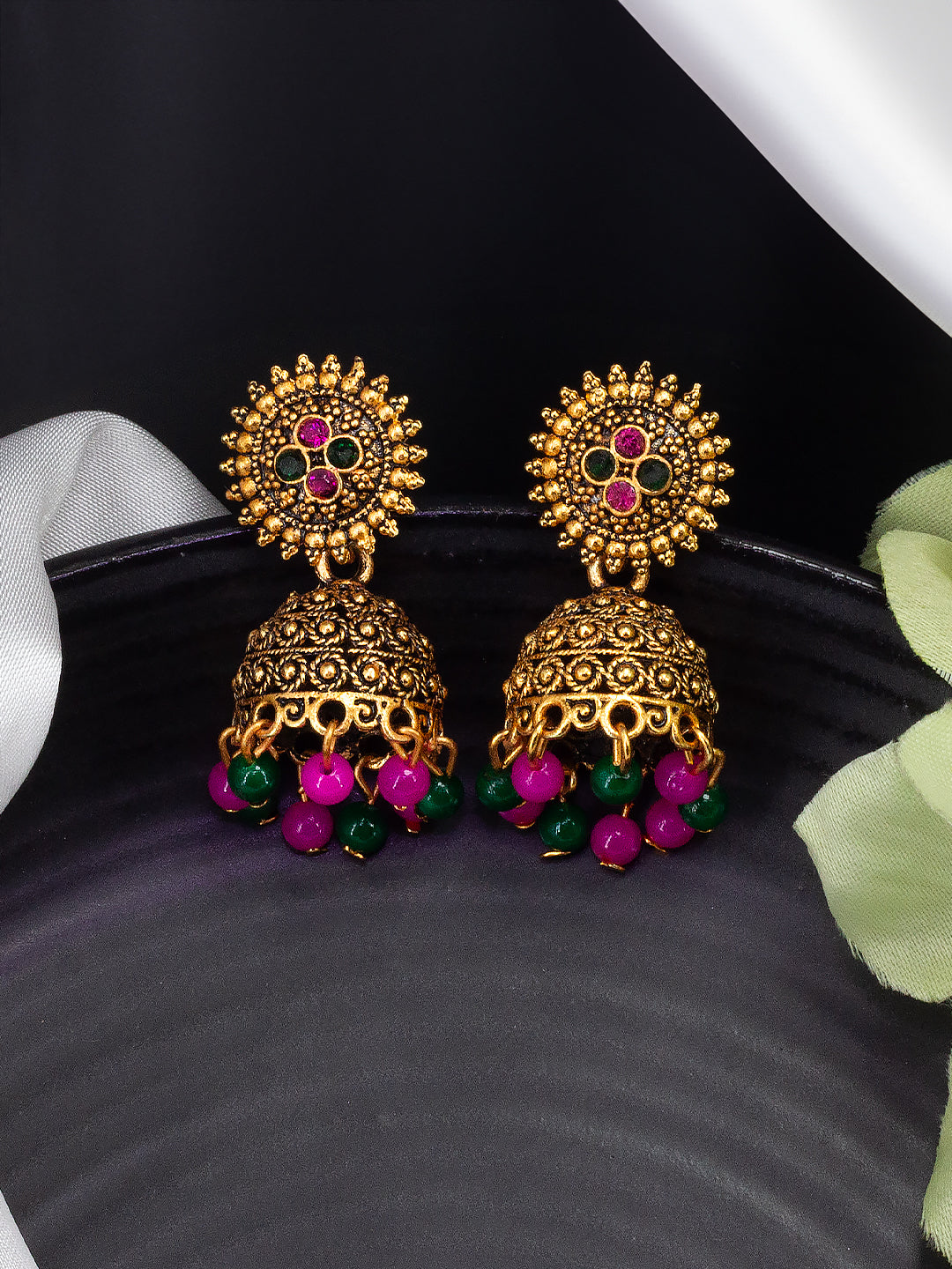 Antique Gold-Plated Floral Artificial Stone & Beaded Jhumki Earrings