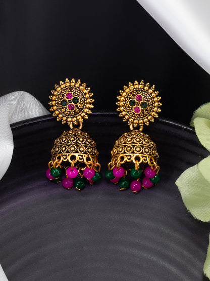 Antique Gold-Plated Floral Artificial Stone & Beaded Jhumki Earrings