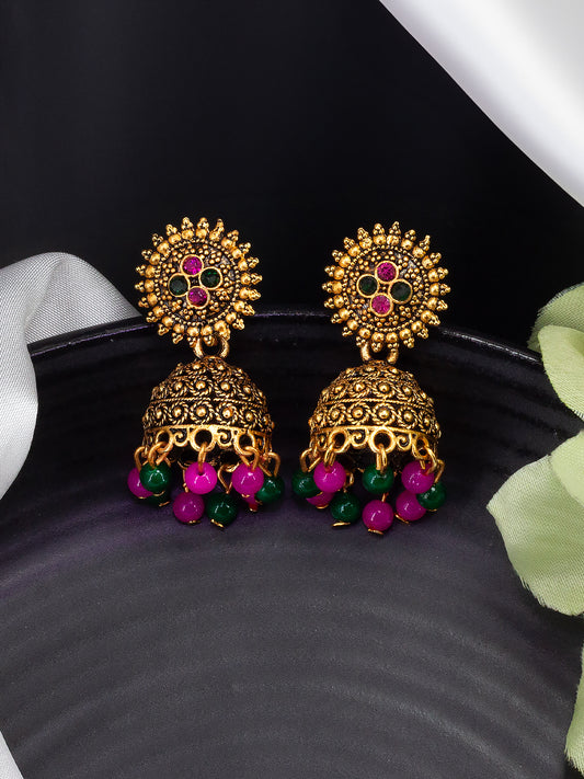 Antique Gold-Plated Floral Artificial Stone & Beaded Jhumki Earrings