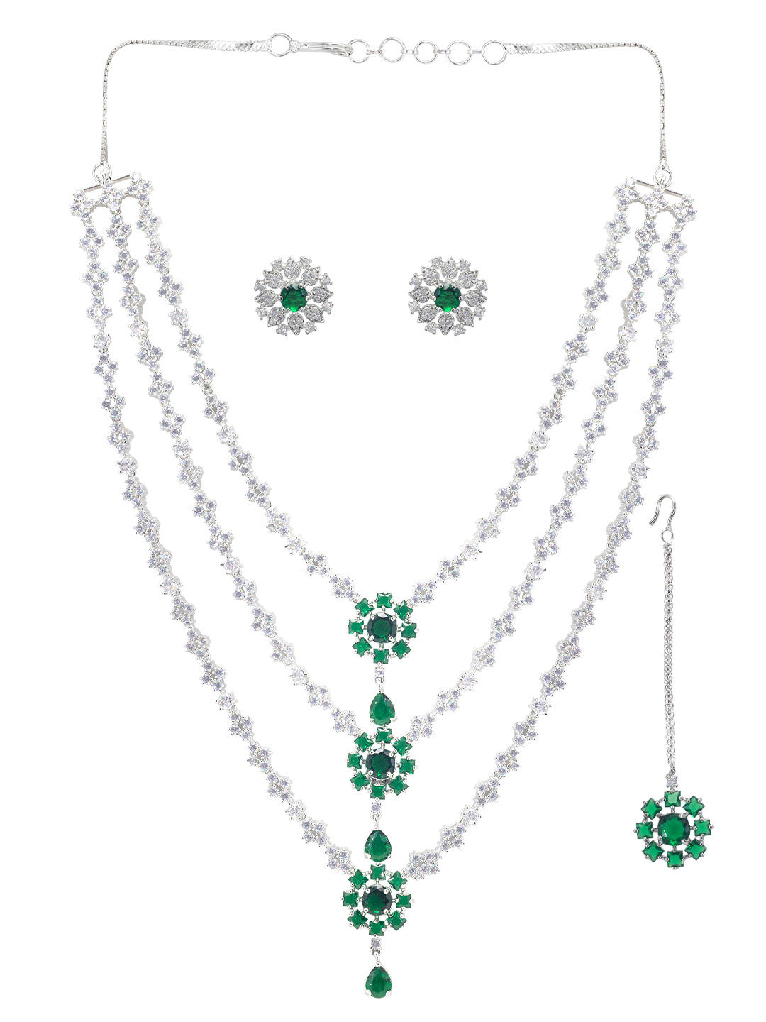 Trendy Green Three Layered AD Bridal Jewellery Set With Maangtika