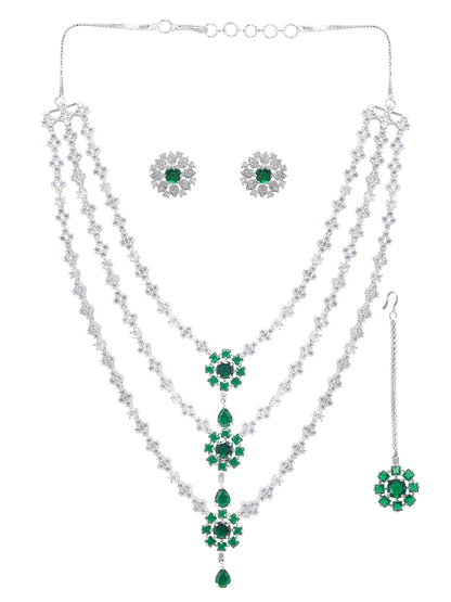 Trendy Green Three Layered AD Bridal Jewellery Set With Maangtika