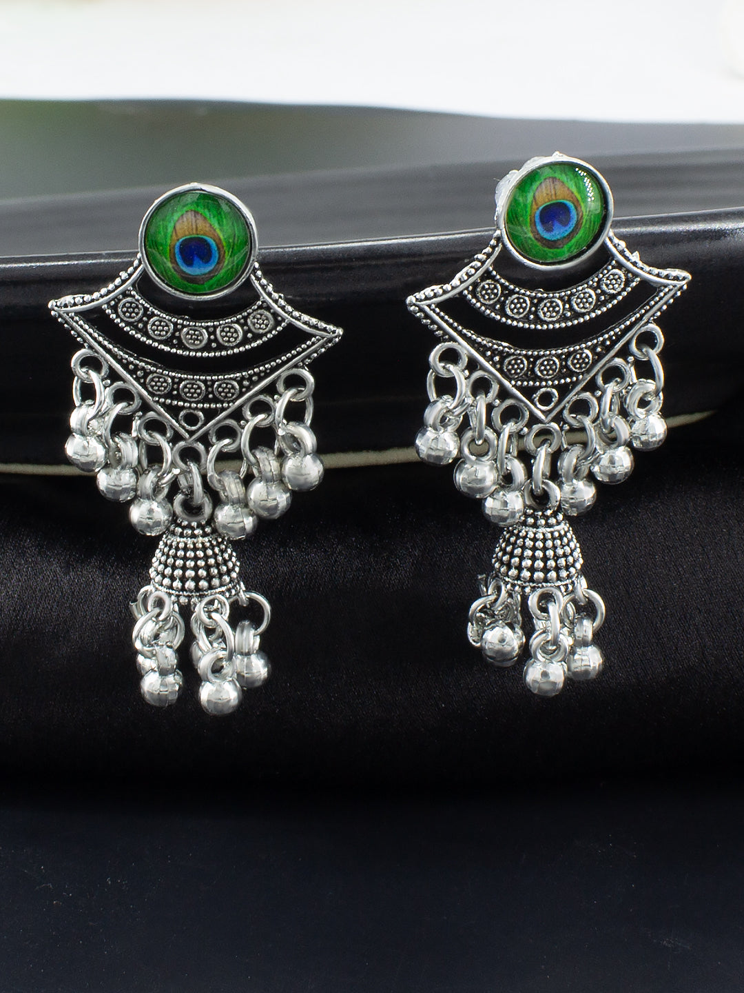 Oxidized Peacock Feather Jhumki Earrings