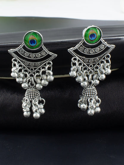 Oxidized Peacock Feather Jhumki Earrings