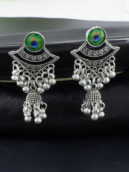 Oxidized Peacock Feather Jhumki Earrings