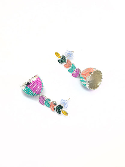 Silver-Plated Leaf Multi Color Jhumki Earrings