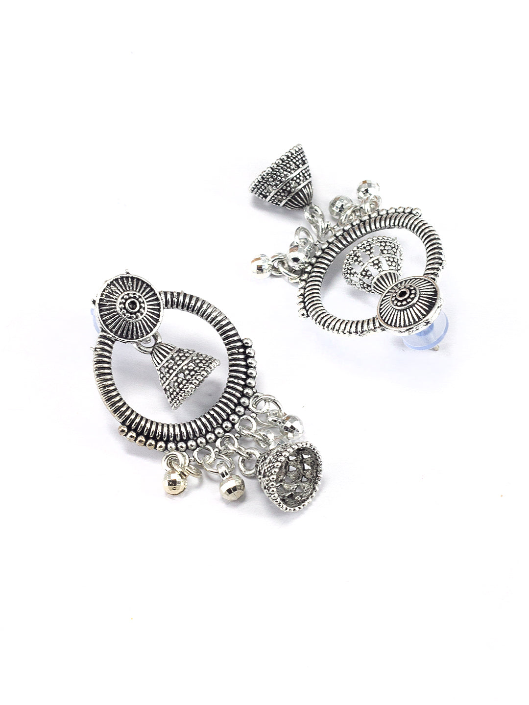 Silver Oxidized Circular Chandbaali Jhumki Drop Earrings