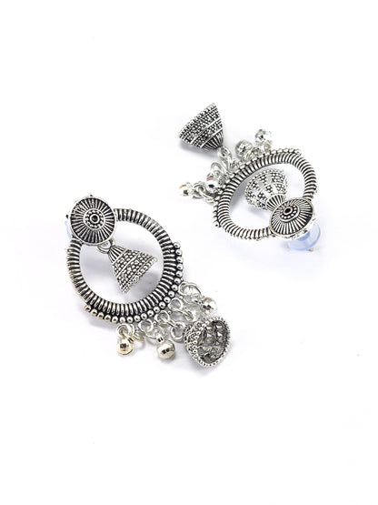Silver Oxidized Circular Chandbaali Jhumki Drop Earrings