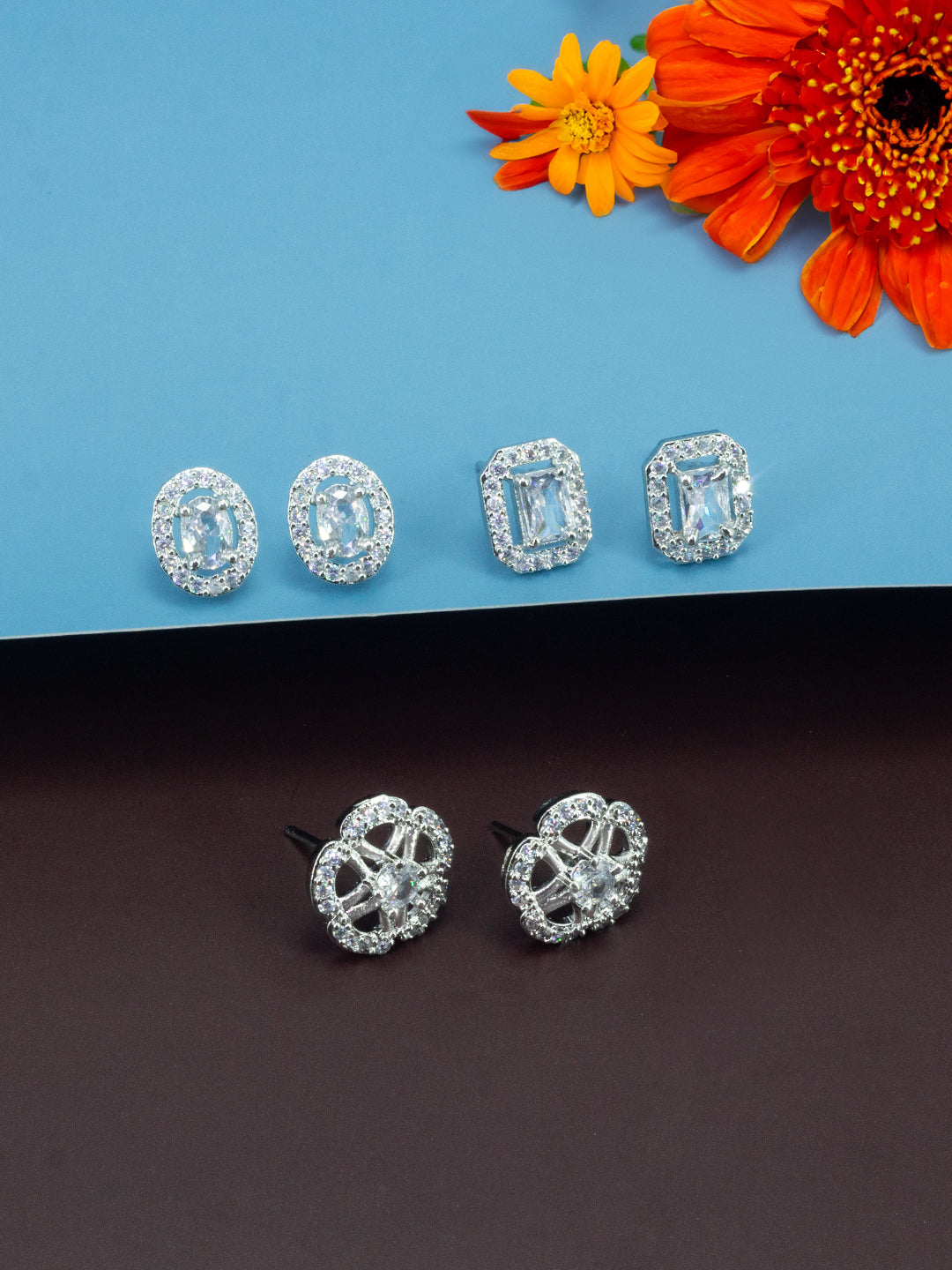 Pack Of 3 Rhodium Plated Geometric American Diamond Earrings