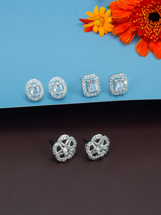 Pack Of 3 Rhodium Plated Geometric American Diamond Earrings