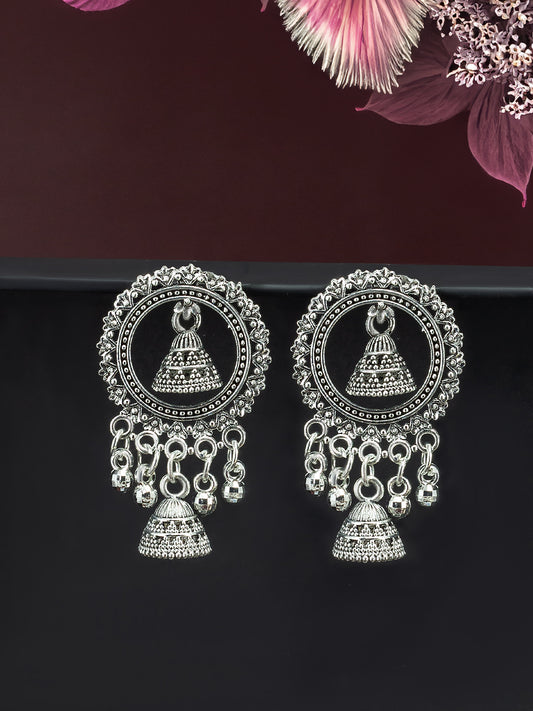 Silver Oxidized Circular Jhumki Drop Earrings