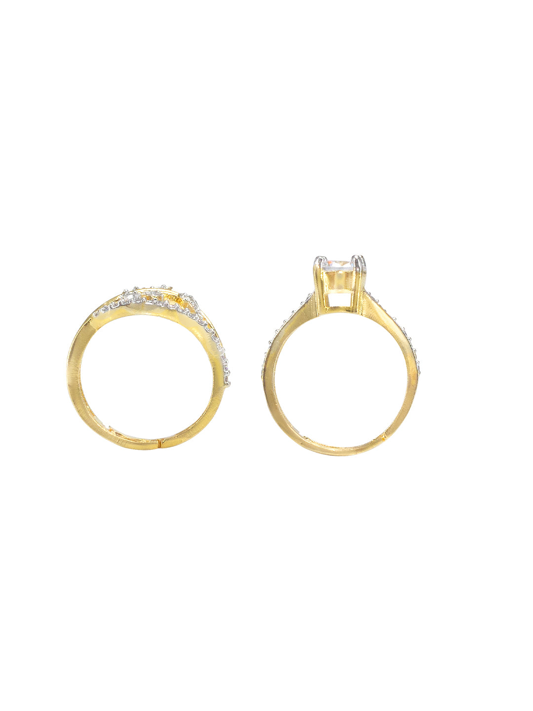 Set Of Two Gold Plated Solitaire American Diamond Adjustable Finger Rings