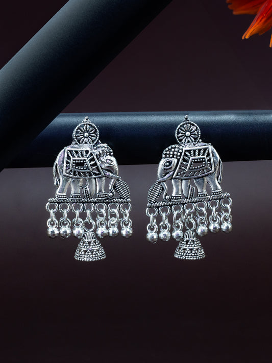 Silver Oxidized Floral Elephant Jhumka Earrings