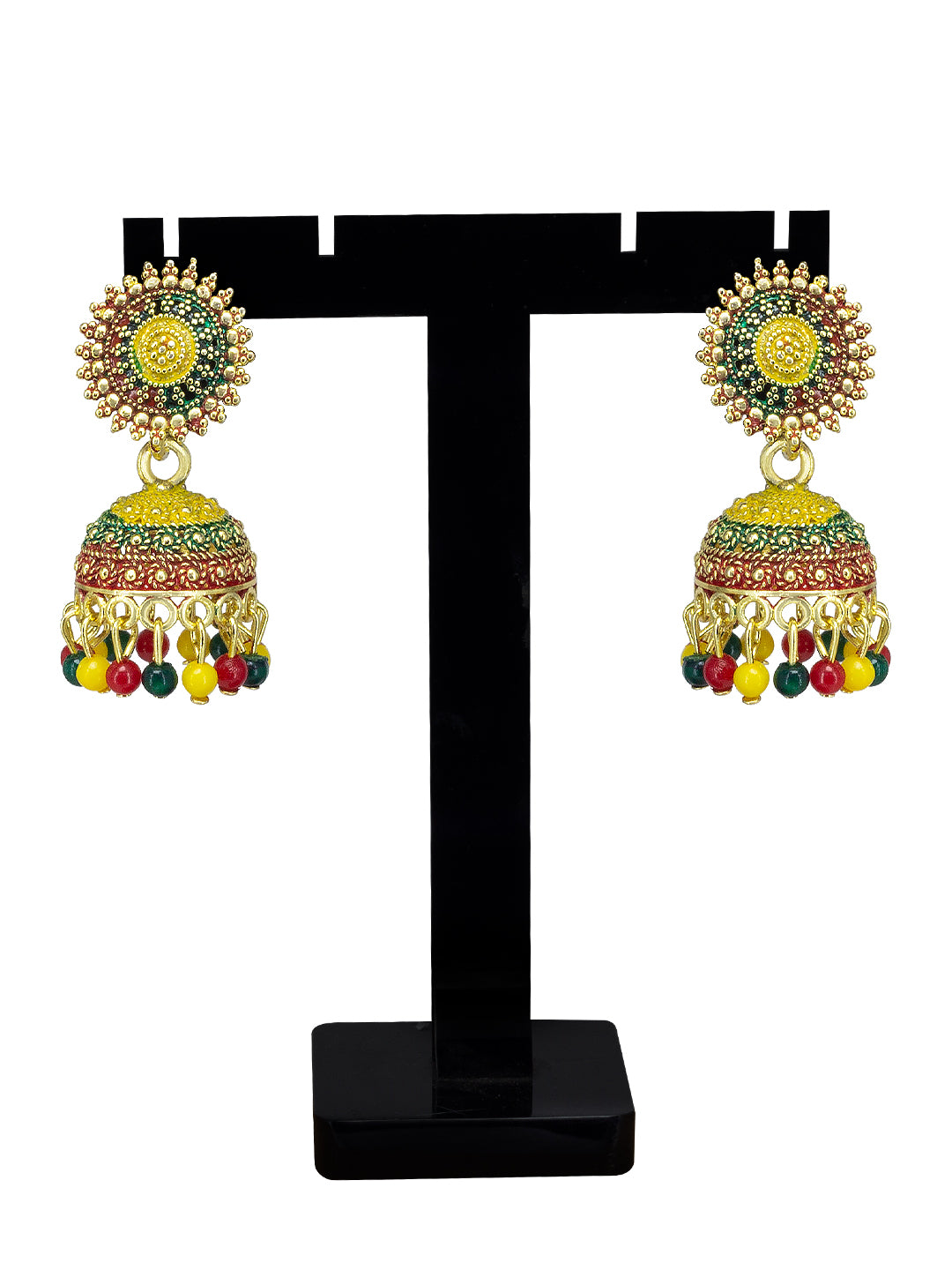 Gold Plated Circular Multi Color Artificial Beaded Jhumki Earrings