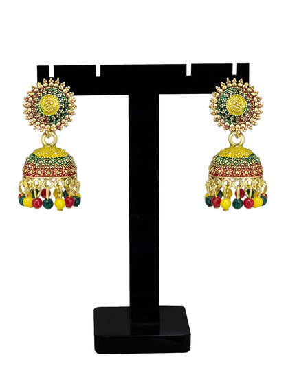 Gold Plated Circular Multi Color Artificial Beaded Jhumki Earrings