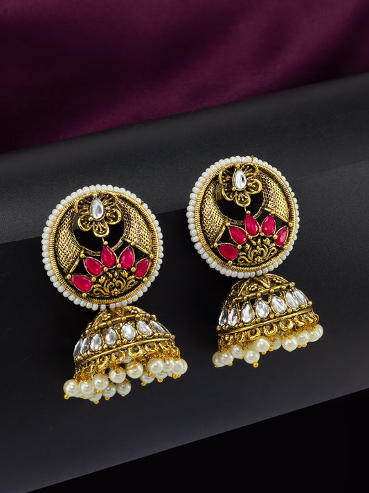 Red Stone & Beads Drop Jhumka Earrings