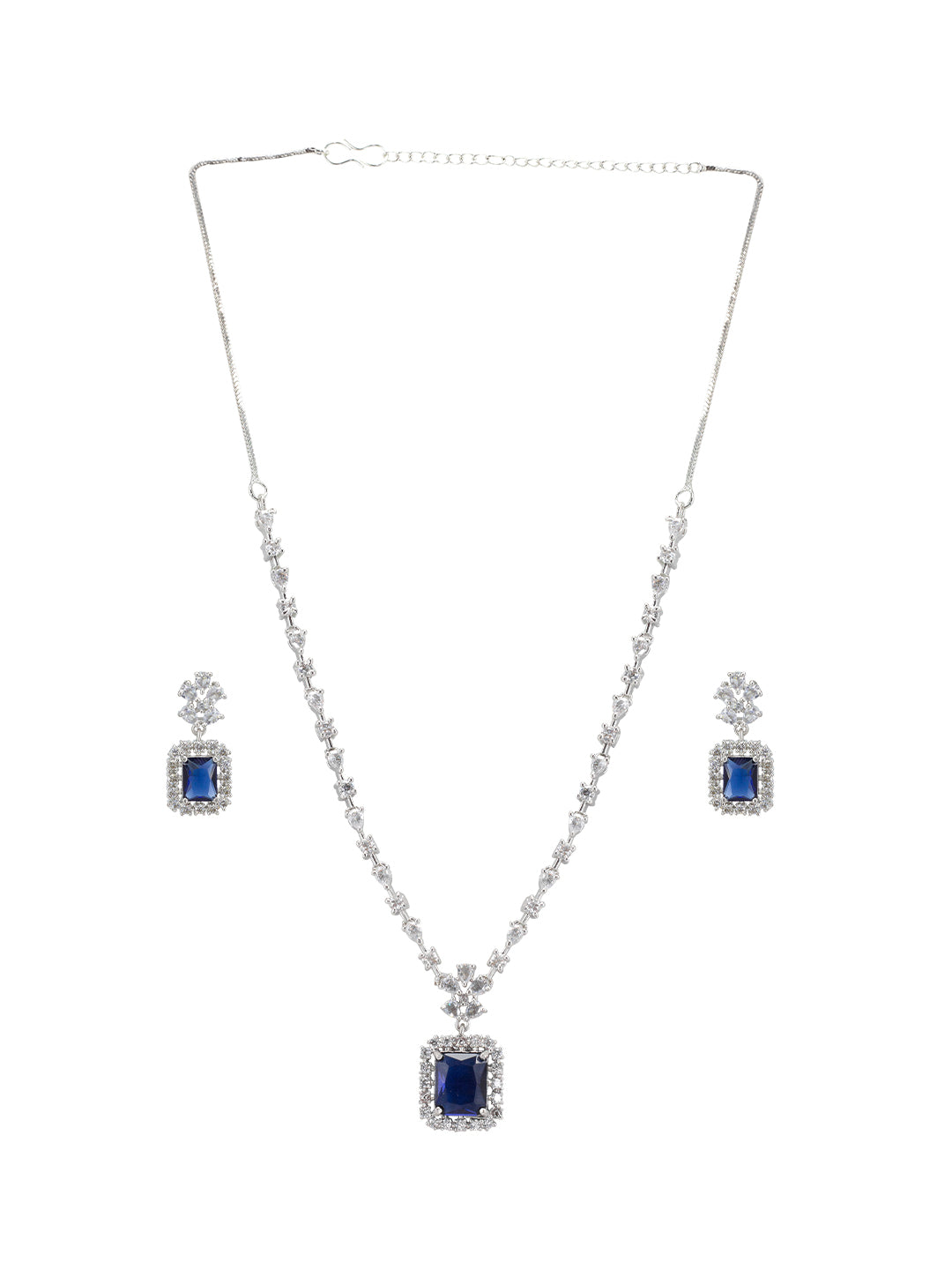 Rhodium-Plated Blue American Diamond Studded Jewellery Set