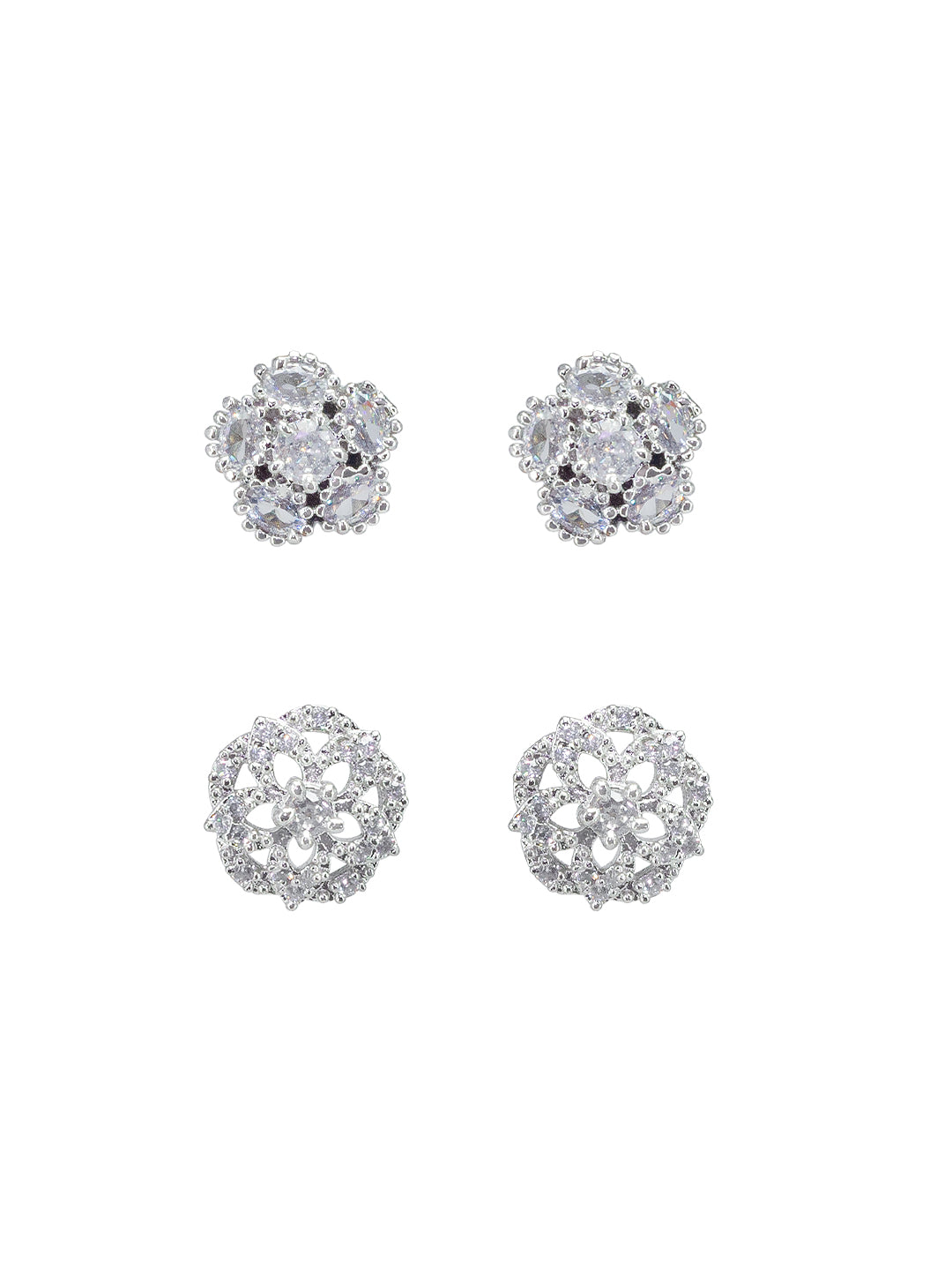 Pack Of Two Rhodium Plated Floral American Diamond Earrings