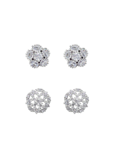 Pack Of Two Rhodium Plated Floral American Diamond Earrings