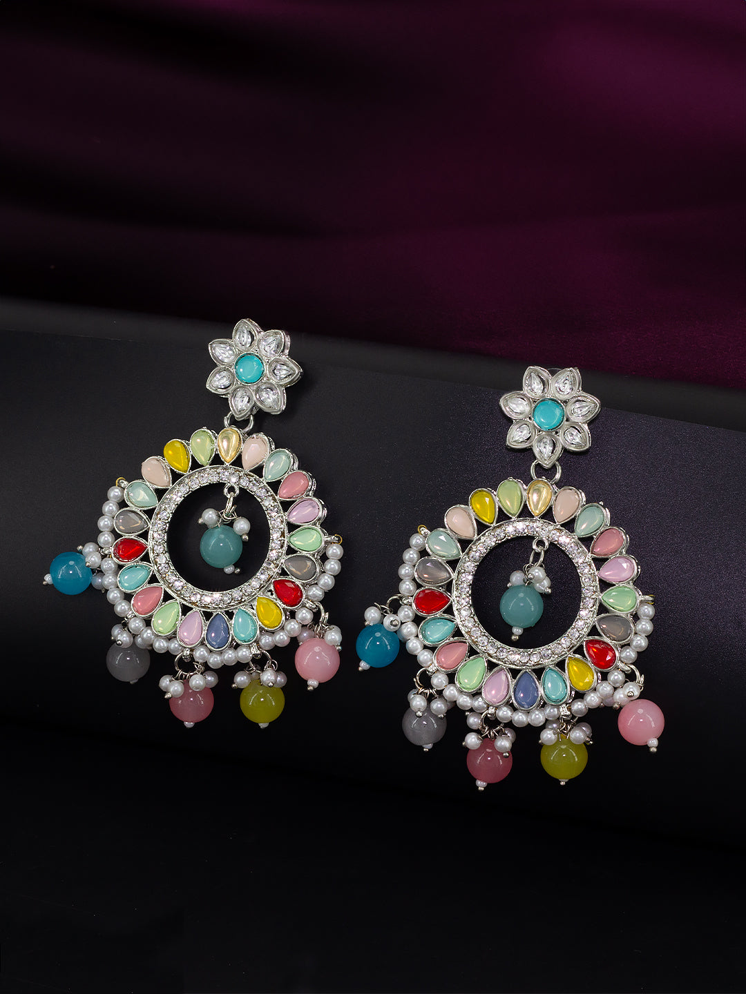 Silver Plated Multi Color Contemporary Chandbalis Earrings