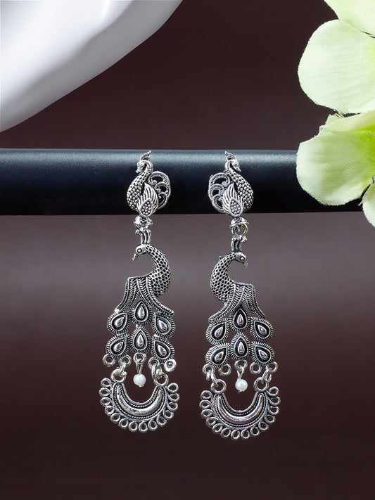 Silver Oxidized Peacock Drop Earrings