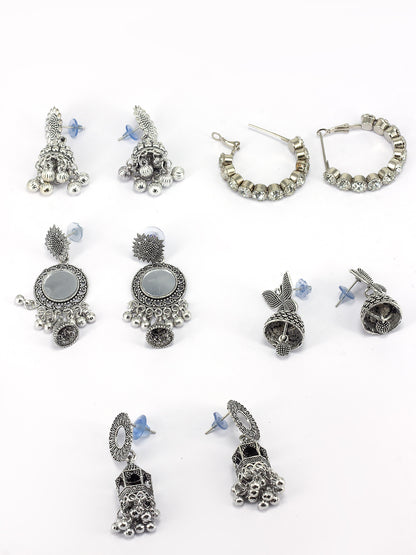 Pack of 5 Silver Oxidised Jhumki Earrings