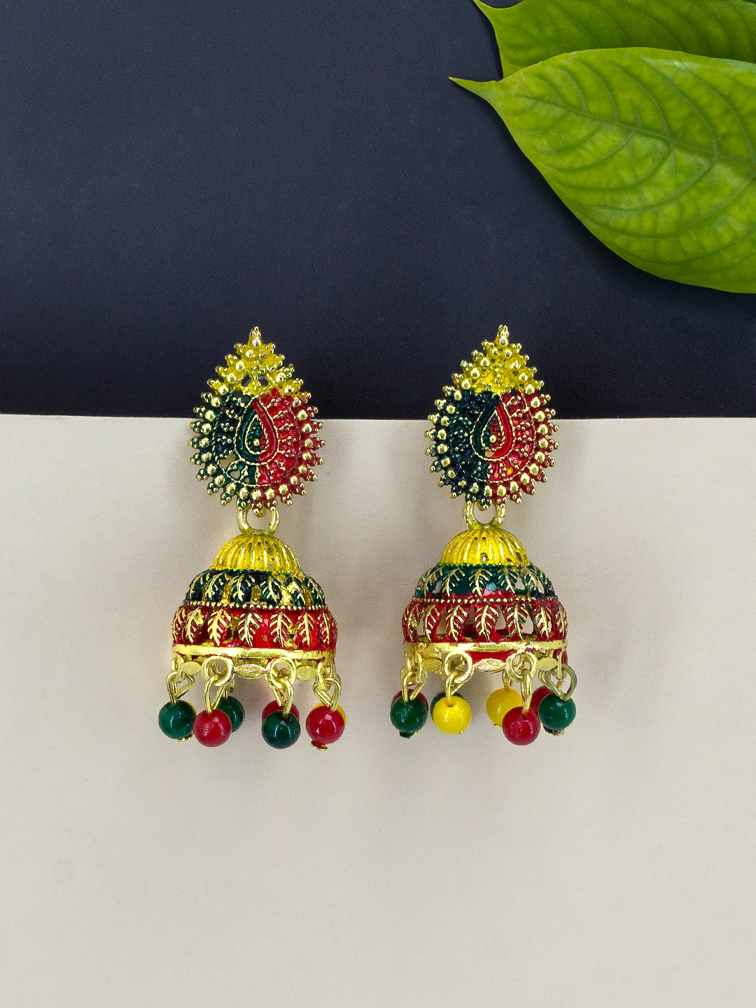 Gold Plated Multi Color Artificial Beaded Jhumki Earrings
