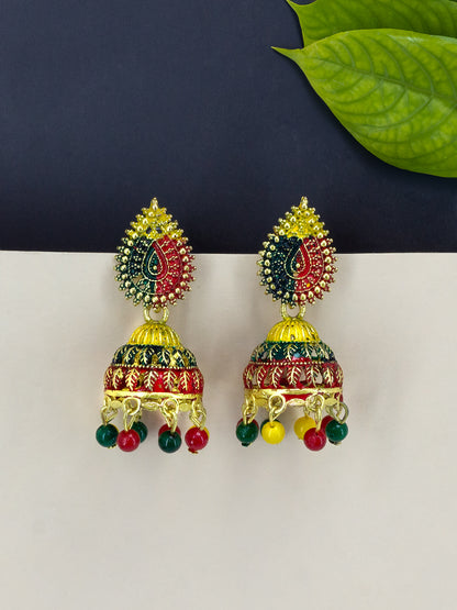 Gold Plated Multi Color Artificial Beaded Jhumki Earrings