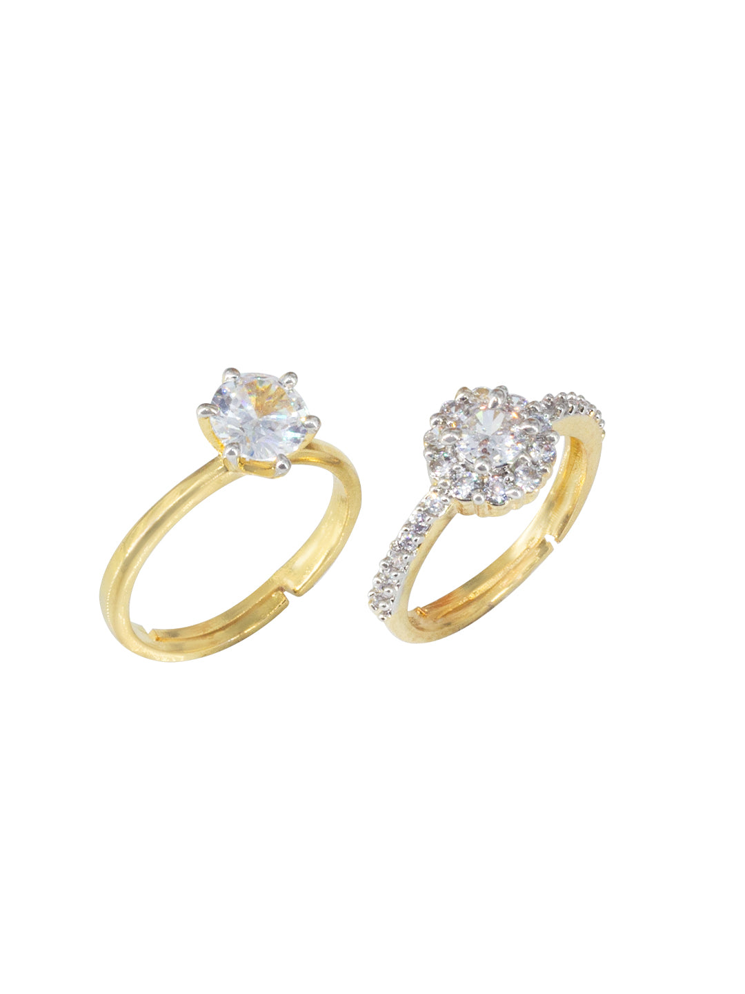Set Of Two 1 kt Golden Solitaire American Diamond Trendy Adjustable Finger Rings