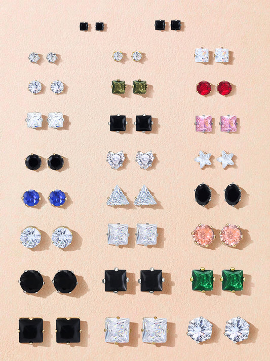 Pack of 26 Multicolour Geometric  AD Stud Earrings