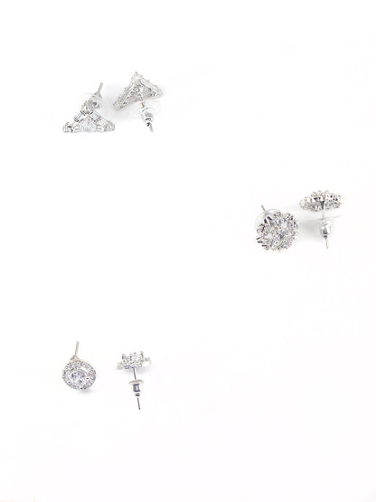 Pack Of 3 Rhodium Plated Geometric American Diamond Earrings