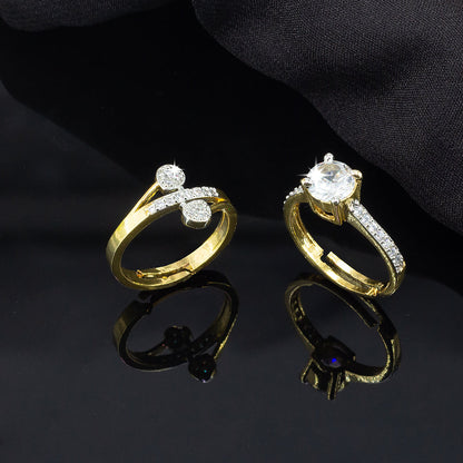 Set Of Two Gold Plated Solitaire American Diamond Trendy Adjustable Finger Rings