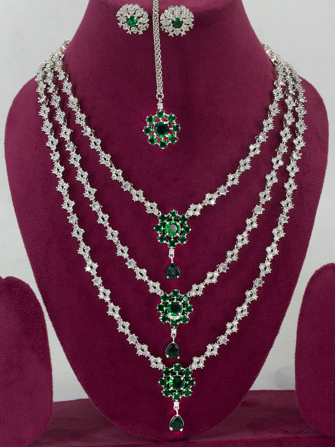 Trendy Green Three Layered AD Bridal Jewellery Set With Maangtika