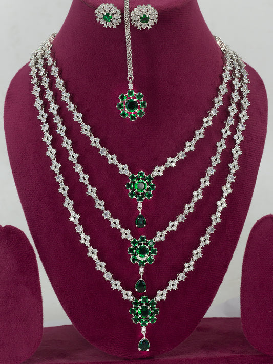 Trendy Green Three Layered AD Bridal Jewellery Set With Maangtika