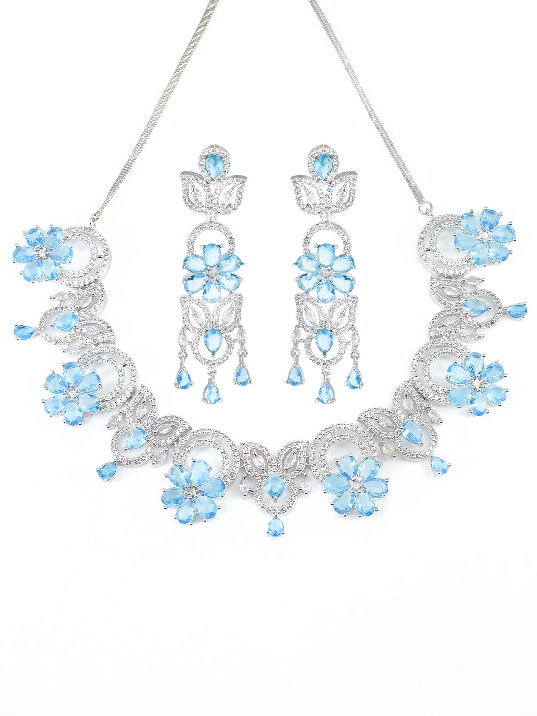 Blue AD Studded Floral Jewellery Set