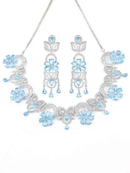 Blue AD Studded Floral Jewellery Set