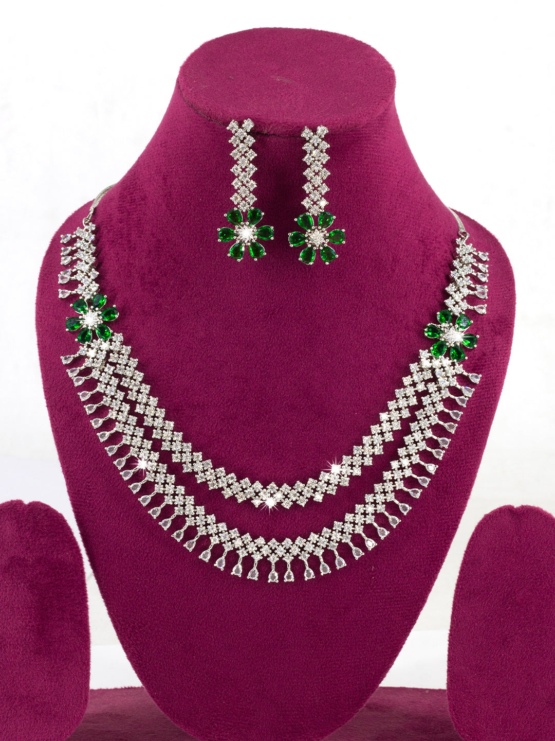Green 2 Layer AD Studded Floral Jewellery Set